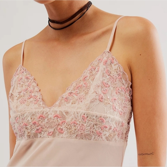 NWOT Free People Midnight Magic Pink Beaded Lace Maxi Slip Dress - Picture 3 of 4